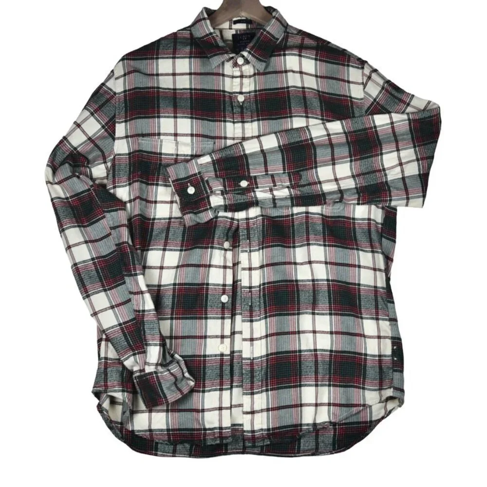 J. CREW Men's Slim Fit Flannel Shirt Sz L Ivory Green Plaid Grunge Hipster Soft